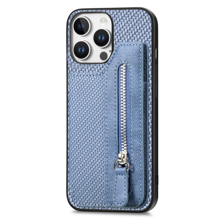 For iPhone 16 Pro Max Carbon Fiber Horizontal Flip Zipper Wallet Phone Case(Blue) - iPhone 16 Pro Max Cases by buy2fix | Online Shopping UK | buy2fix