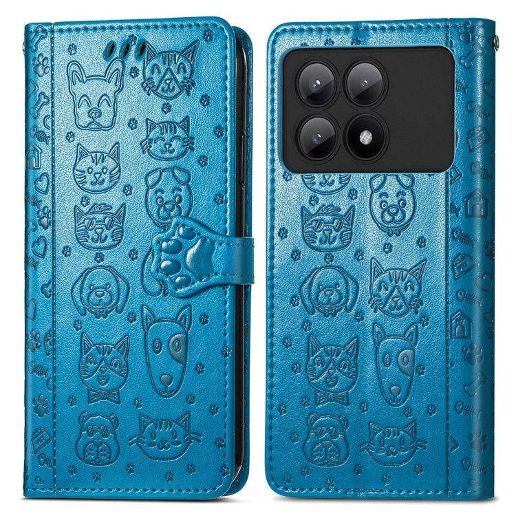 For Xiaomi Redmi K70E Cat and Dog Embossed Leather Phone Case(Blue) - K70E Cases by buy2fix | Online Shopping UK | buy2fix