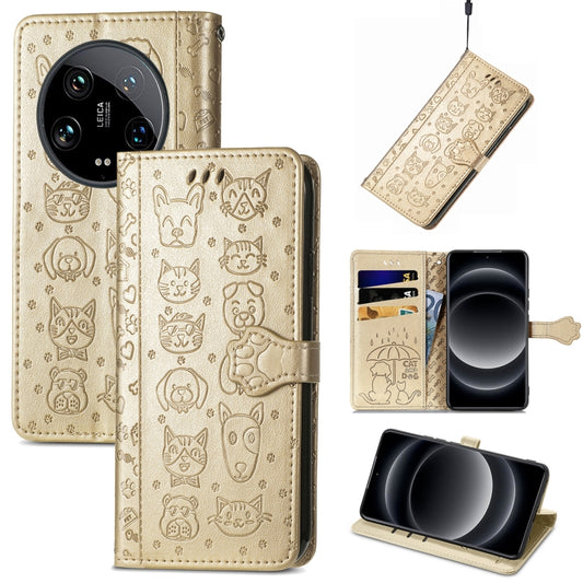 For Xiaomi 14 Ultra Cat and Dog Embossed Leather Phone Case(Gold) - 14 Ultra Cases by buy2fix | Online Shopping UK | buy2fix