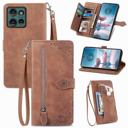 For Motorola Edge 2024 Embossed Flower Zipper Leather Phone Case(Brown) - Motorola Cases by buy2fix | Online Shopping UK | buy2fix