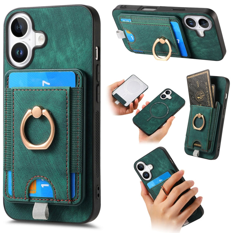 For  iPhone 16 Retro Splitable Magnetic Card Bag Leather Phone Case(Green) - iPhone 16 Cases by buy2fix | Online Shopping UK | buy2fix