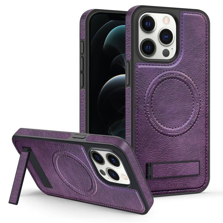 For iPhone 12 Pro Max Multi-function Holder MagSafe PU Phone Case(Mulberry) - iPhone 12 Pro Max Cases by buy2fix | Online Shopping UK | buy2fix