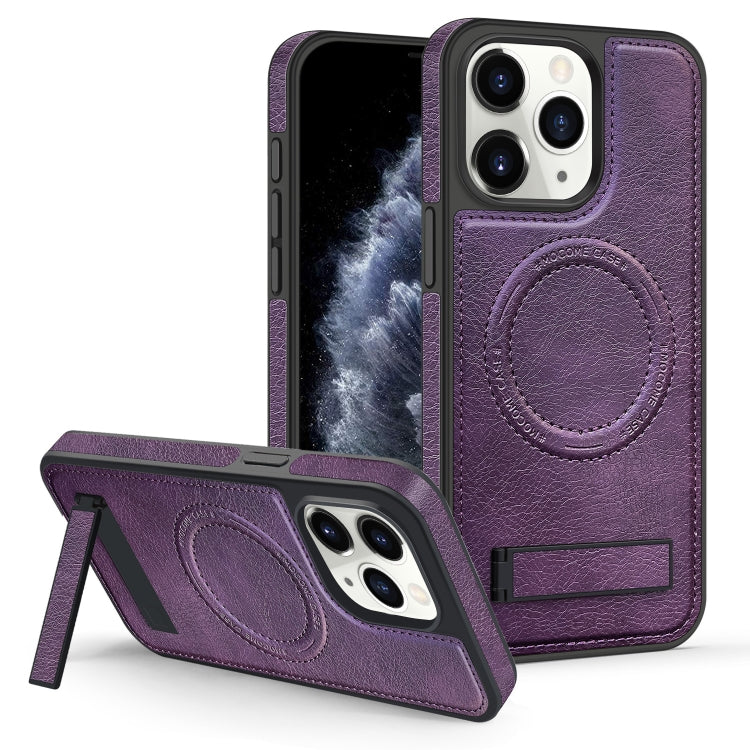 For iPhone 11 Pro Max Multi-function Holder MagSafe PU Phone Case(Mulberry) - iPhone 11 Pro Max Cases by buy2fix | Online Shopping UK | buy2fix