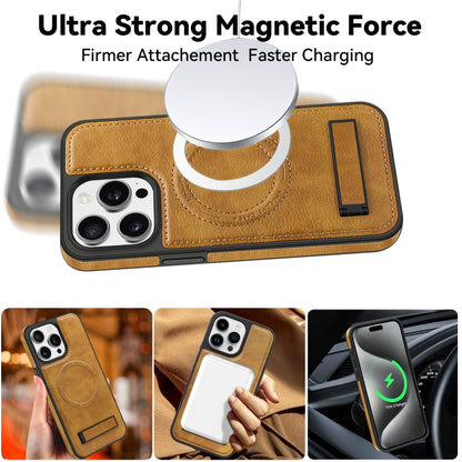 For iPhone 14 Multi-function Holder MagSafe PU Phone Case(Brown) - iPhone 14 Cases by buy2fix | Online Shopping UK | buy2fix