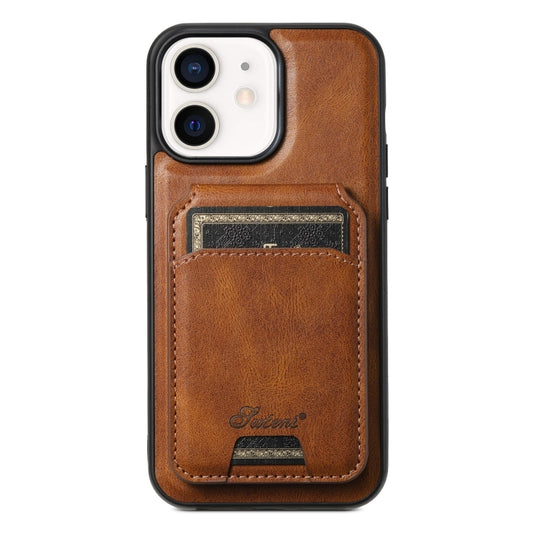 For iPhone 12  Suteni H15 MagSafe Oil Eax Leather Detachable Wallet Back Phone Case(Brown) - iPhone 12 / 12 Pro Cases by Suteni | Online Shopping UK | buy2fix