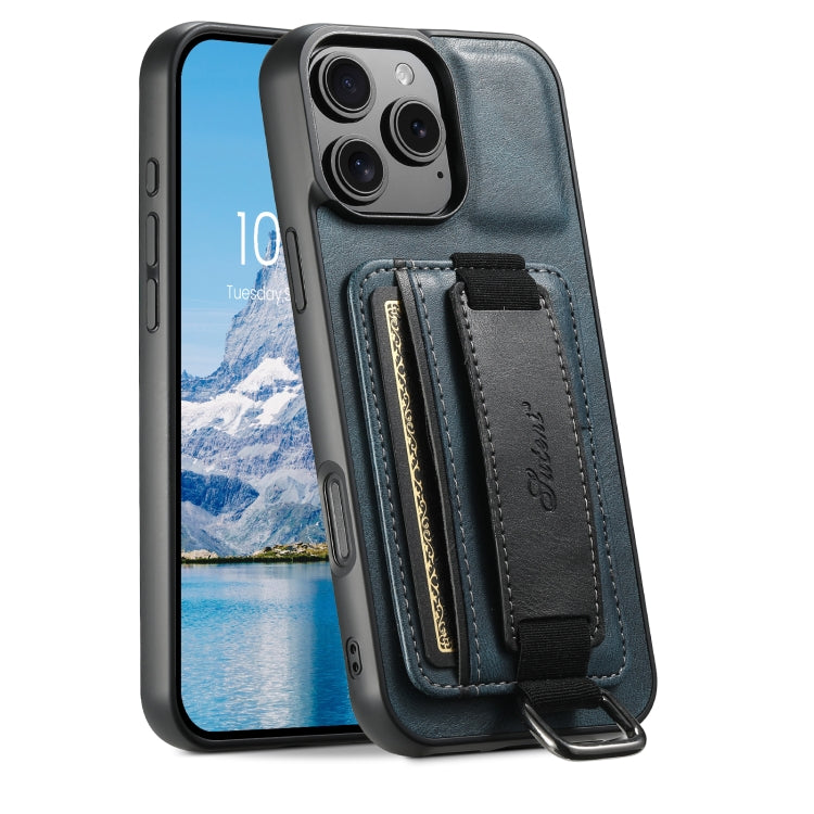 For iPhone 16 Pro Suteni H13 Card Wallet Wrist Strap Holder PU Phone Case(Blue) - iPhone 16 Pro Cases by Suteni | Online Shopping UK | buy2fix