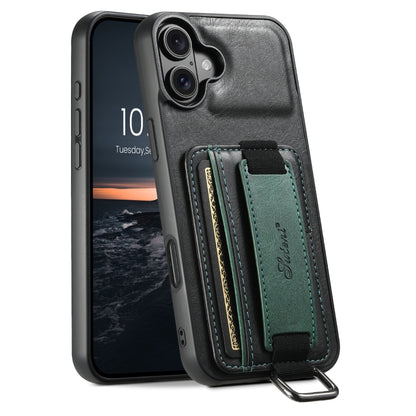 For iPhone 16 Plus Suteni H13 Card Wallet Wrist Strap Holder PU Phone Case(Black) - iPhone 16 Plus Cases by Suteni | Online Shopping UK | buy2fix