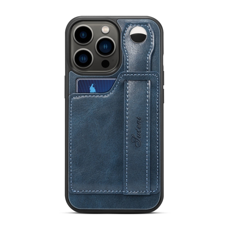 For iPhone 15 Pro Max SUTENI H12 Wrist Strap Leather Back Phone Case with Card Slot(Blue) - iPhone 15 Pro Max Cases by Suteni | Online Shopping UK | buy2fix