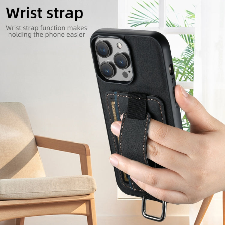 For iPhone 16 Suteni H13 Litchi Leather Wrist Strap Wallet Back Phone Case(Black) - iPhone 16 Cases by Suteni | Online Shopping UK | buy2fix