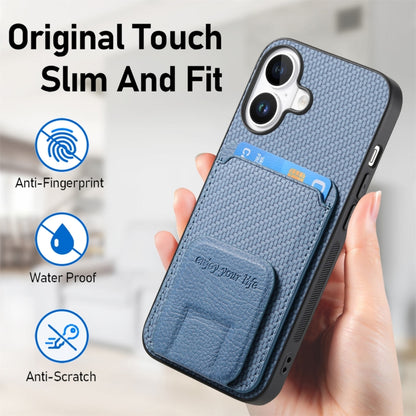 For iPhone 16 Plus Carbon Fiber Card Bag Fold Stand Phone Case(Blue) - iPhone 16 Plus Cases by buy2fix | Online Shopping UK | buy2fix