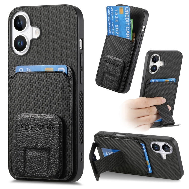 For iPhone 16 Plus Carbon Fiber Card Bag Fold Stand Phone Case(Black) - iPhone 16 Plus Cases by buy2fix | Online Shopping UK | buy2fix