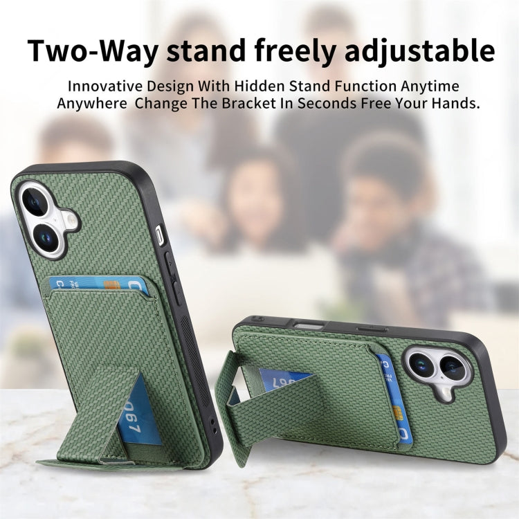 For iPhone 16 Plus Carbon Fiber Card Bag Fold Stand Phone Case(Green) - iPhone 16 Plus Cases by buy2fix | Online Shopping UK | buy2fix