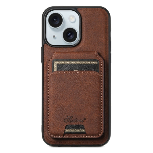 For iPhone 15 Plus Suteni H17 Litchi Texture Leather MagSafe Detachable Wallet Phone Case(Brown) - iPhone 15 Plus Cases by Suteni | Online Shopping UK | buy2fix