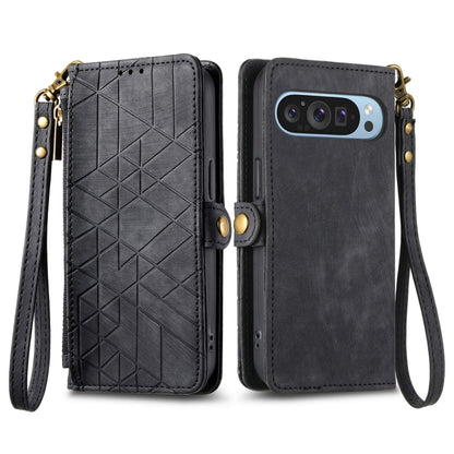 For Google Pixel 9 Geometric Zipper Wallet Side Buckle Leather Phone Case(Black) - Google Cases by buy2fix | Online Shopping UK | buy2fix