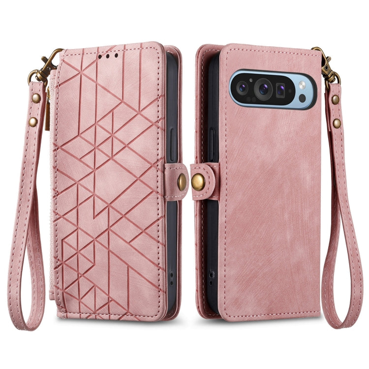 For Google Pixel 9 Geometric Zipper Wallet Side Buckle Leather Phone Case(Pink) - Google Cases by buy2fix | Online Shopping UK | buy2fix