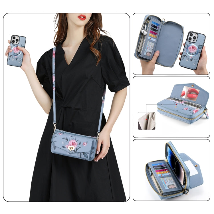 For iPhone 14 Pro MagSafe Flower Multi-functional Crossbody Zipper Wallet Leather Phone Case(Blue) - iPhone 14 Pro Cases by buy2fix | Online Shopping UK | buy2fix