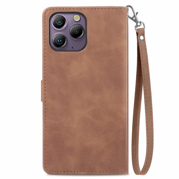 For Blackview A96 Embossed Flower Zipper Leather Phone Case(Brown) - More Brand by buy2fix | Online Shopping UK | buy2fix