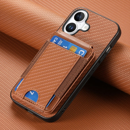 For iPhone 16 Carbon Fiber Vertical Flip Wallet Stand Phone Case(Brown) - iPhone 16 Cases by buy2fix | Online Shopping UK | buy2fix