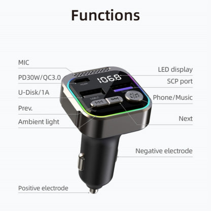 C54 PD 30W Dual USB Car Charger Alloy Car Bluetooth Adapter FM Transmitter MP3 Player - Car Charger by buy2fix | Online Shopping UK | buy2fix