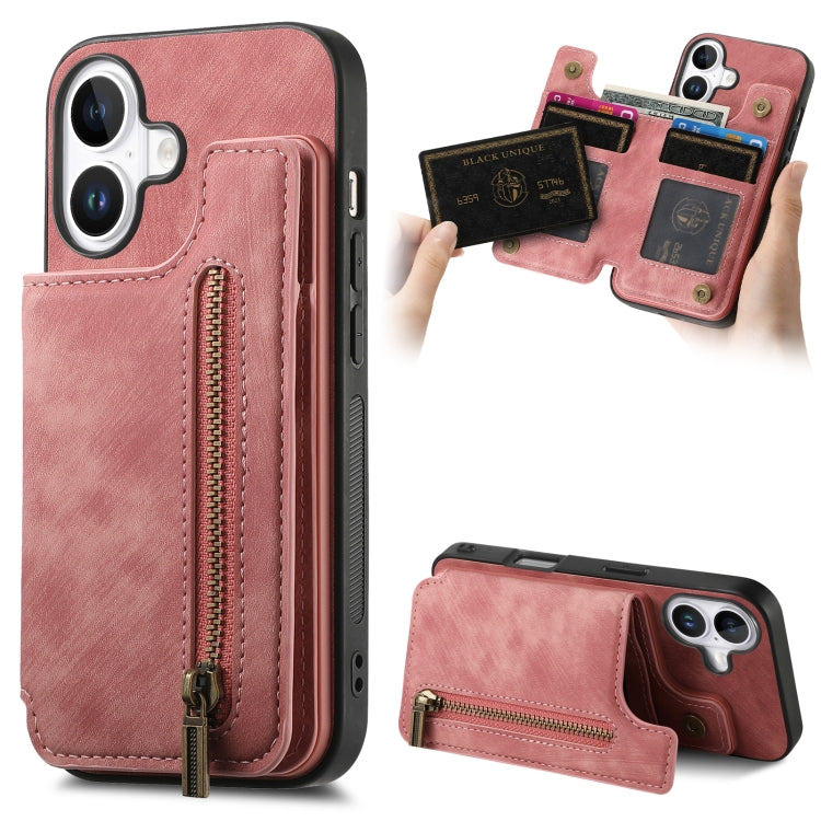 For iPhone 16 Retro Leather Zipper Wallet Back Phone Case(Pink) - More iPhone Cases by buy2fix | Online Shopping UK | buy2fix