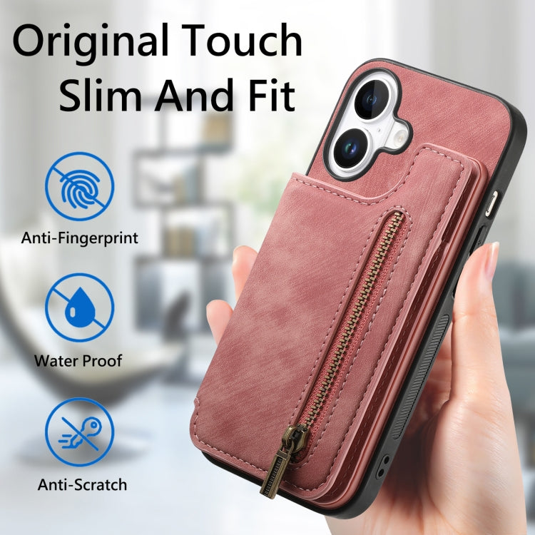 For iPhone 16 Plus Retro Leather Zipper Wallet Back Phone Case(Pink) - More iPhone Cases by buy2fix | Online Shopping UK | buy2fix