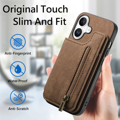 For iPhone 16 Plus Retro Leather Zipper Wallet Back Phone Case(Brown) - More iPhone Cases by buy2fix | Online Shopping UK | buy2fix