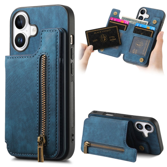 For iPhone 16 Plus Retro Leather Zipper Wallet Back Phone Case(Blue) - More iPhone Cases by buy2fix | Online Shopping UK | buy2fix