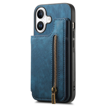 For iPhone 16 Plus Retro Leather Zipper Wallet Back Phone Case(Blue) - More iPhone Cases by buy2fix | Online Shopping UK | buy2fix