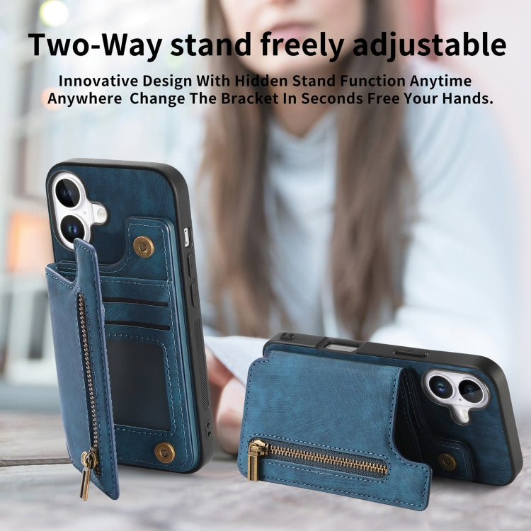 For iPhone 16 Plus Retro Leather Zipper Wallet Back Phone Case(Blue) - More iPhone Cases by buy2fix | Online Shopping UK | buy2fix