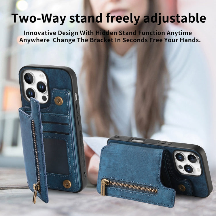 For iPhone 16 Pro Retro Leather Zipper Wallet Back Phone Case(Blue) - More iPhone Cases by buy2fix | Online Shopping UK | buy2fix