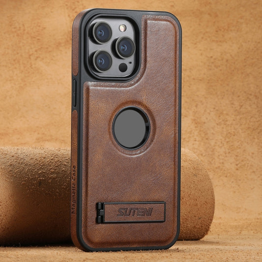 For iPhone 13 Pro Max Suteni G2 Magsafe Oil Wax Leather Back Phone Case with Holder(Brown) - iPhone 13 Pro Max Cases by Suteni | Online Shopping UK | buy2fix