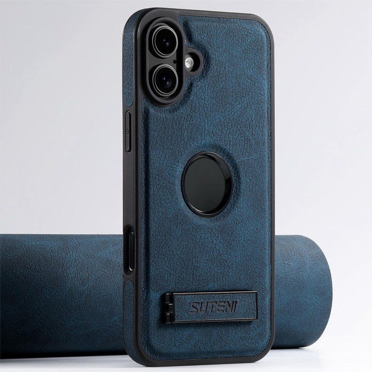 For iPhone 16 Plus Suteni G2 Magsafe Litchi Texture Leather Back Phone Case with Holder(Blue) - iPhone 16 Plus Cases by Suteni | Online Shopping UK | buy2fix