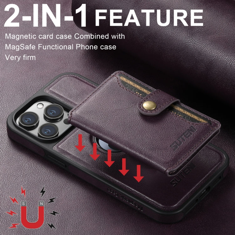 For iPhone 16 Pro Suteni M1 Oil Wax MagSafe Detachable Horizontal Card Bag Phone Case(Purple) - iPhone 16 Pro Cases by Suteni | Online Shopping UK | buy2fix