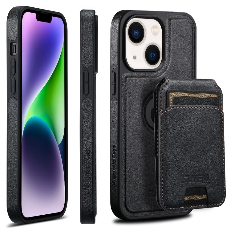 For iPhone 14 Plus Suteni M2 Oil Wax MagSafe Horizontal Card Bag Phone Case(Black) - iPhone 14 Plus Cases by Suteni | Online Shopping UK | buy2fix