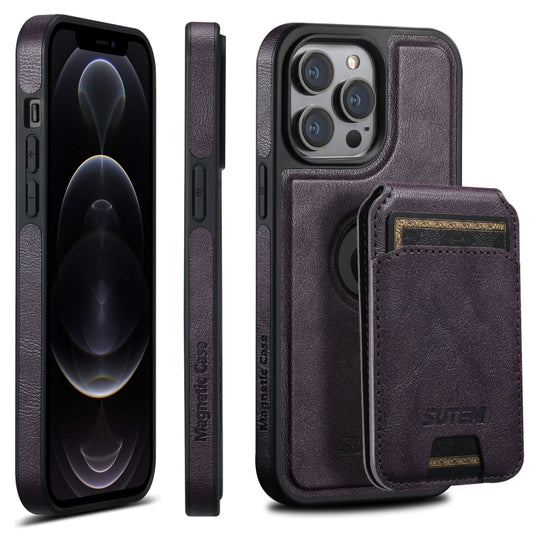 For iPhone 12 Pro Suteni M2 Oil Wax MagSafe Horizontal Card Bag Phone Case(Purple) - iPhone 12 / 12 Pro Cases by Suteni | Online Shopping UK | buy2fix