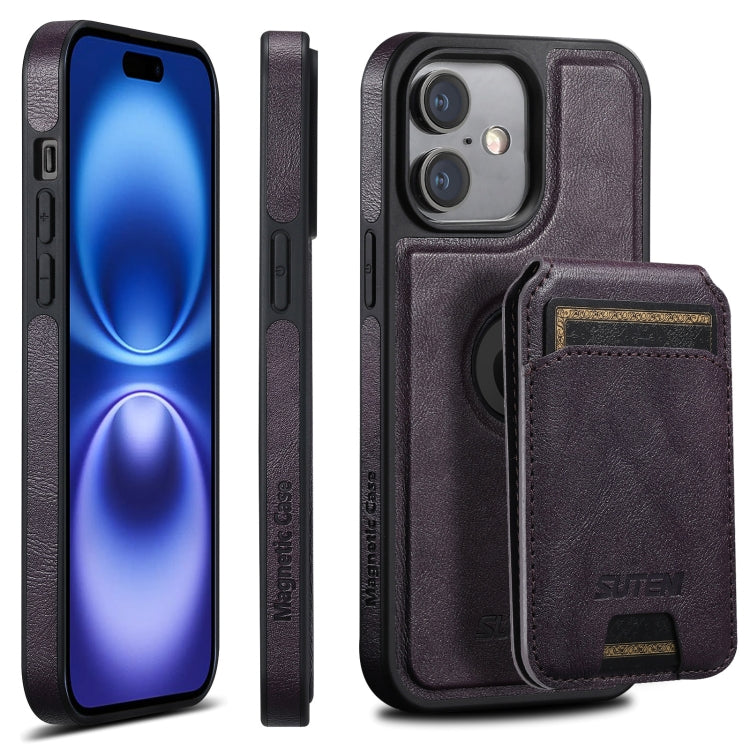 For iPhone 16 Suteni M2 Oil Wax MagSafe Horizontal Card Bag Phone Case(Purple) - iPhone 16 Cases by Suteni | Online Shopping UK | buy2fix