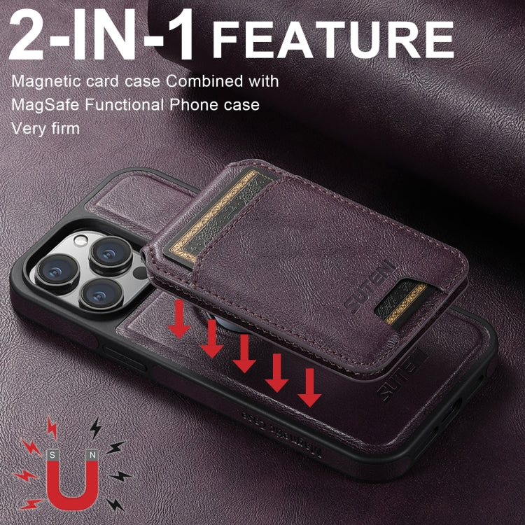 For iPhone 16 Pro Suteni M2 Oil Wax MagSafe Horizontal Card Bag Phone Case(Purple) - iPhone 16 Pro Cases by Suteni | Online Shopping UK | buy2fix