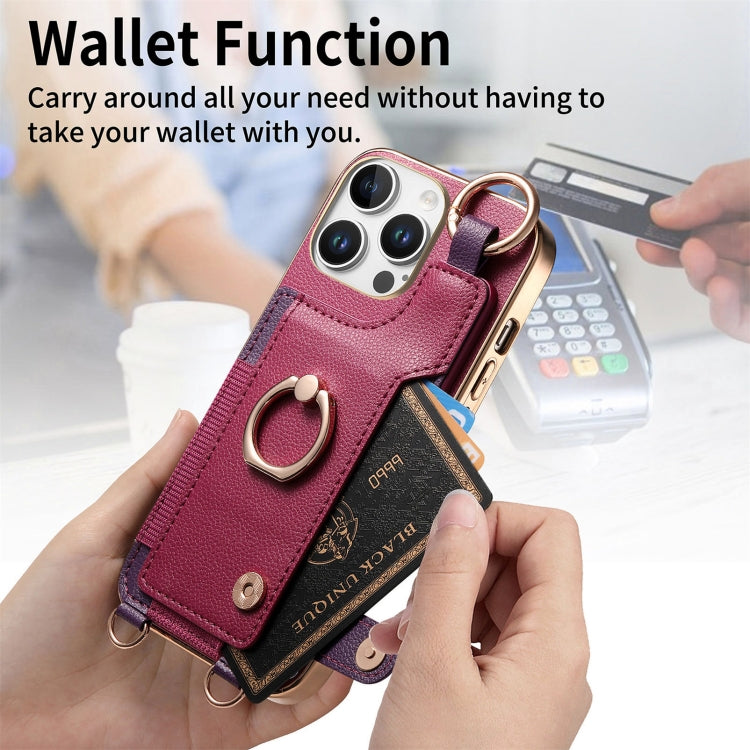 For iPhone 16 Pro Max Fashion Ring Card Bag Phone Case with Hang Loop(Purple) - iPhone 16 Pro Max Cases by buy2fix | Online Shopping UK | buy2fix