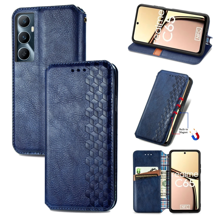 For Realme C65 Cubic Grid Pressed Magnetic Leather Phone Case(Blue) - Realme Cases by buy2fix | Online Shopping UK | buy2fix