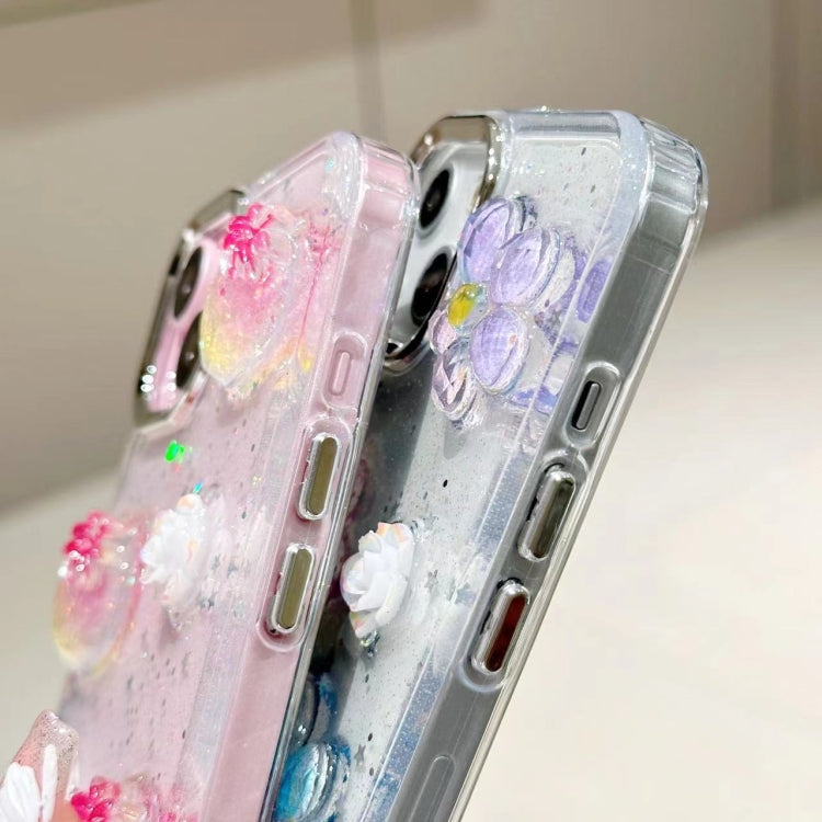 For iPhone 16 3D Flower Glitter Epoxy TPU Phone Case(Pink Strawberry) - iPhone 16 Cases by buy2fix | Online Shopping UK | buy2fix