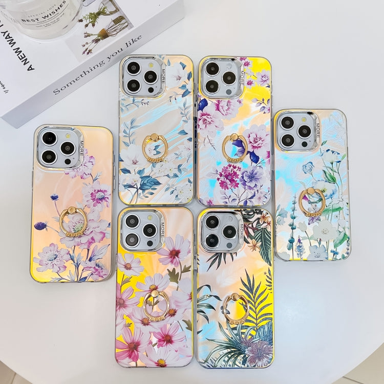 For iPhone 16 Plus Electroplating Laser Flower Ring Holder TPU Phone Case(White Flower AH10) - iPhone 16 Plus Cases by buy2fix | Online Shopping UK | buy2fix