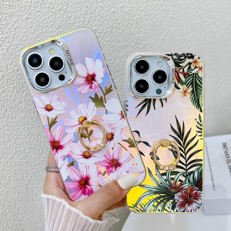 For iPhone 16 Pro Electroplating Laser Flower Ring Holder TPU Phone Case(Pear Blossom AH17) - iPhone 16 Pro Cases by buy2fix | Online Shopping UK | buy2fix