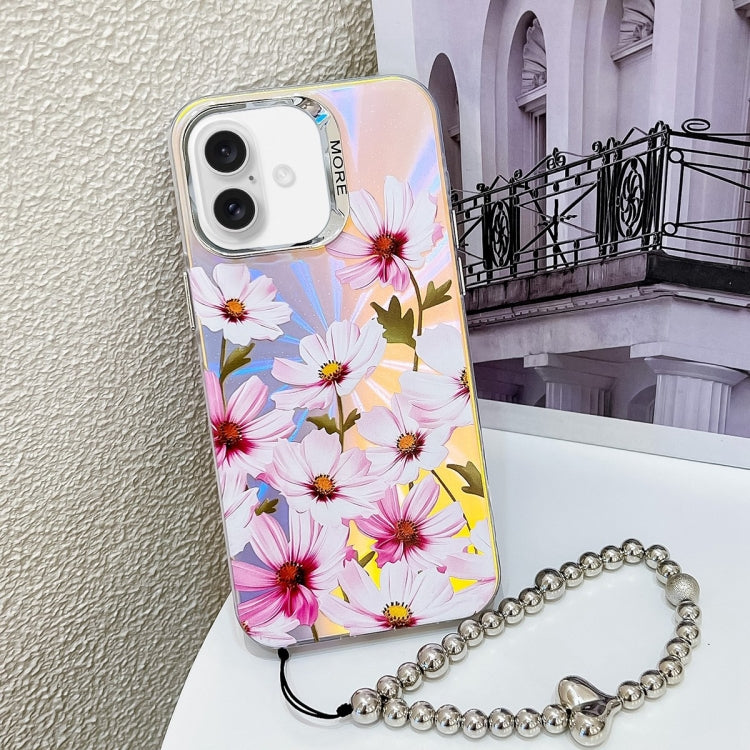 For iPhone 16 Plus Electroplating Laser Flower Phone Case with Wrist Strap(Cosmos Flower AH7) - iPhone 16 Plus Cases by buy2fix | Online Shopping UK | buy2fix