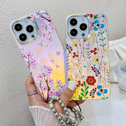 For iPhone 16 Plus Electroplating Laser Flower Phone Case with Wrist Strap(Cosmos Flower AH7) - iPhone 16 Plus Cases by buy2fix | Online Shopping UK | buy2fix