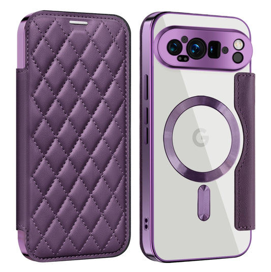 For Google Pixel 9 Pro XL Shield Magsafe RFID Anti-theft Rhombus Leather Phone Case(Purple) - Google Cases by buy2fix | Online Shopping UK | buy2fix