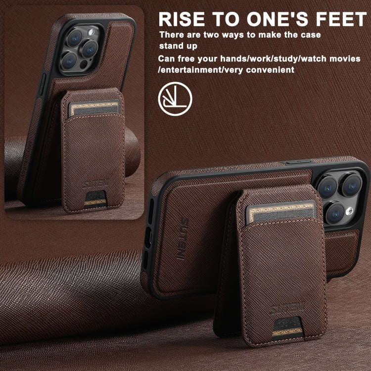 For iPhone 16 Pro Suteni M2 Cross-Grain MagSafe Vertical Card Back Phone Case(Brown) - iPhone 16 Pro Cases by Suteni | Online Shopping UK | buy2fix