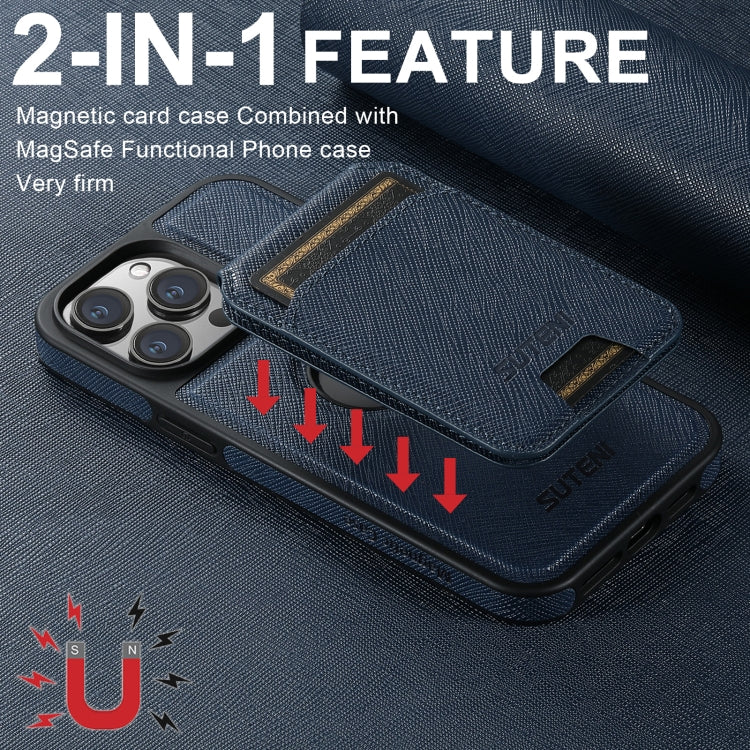 For iPhone 16 Plus Suteni M2 Cross-Grain MagSafe Vertical Card Back Phone Case(Blue) - iPhone 16 Plus Cases by Suteni | Online Shopping UK | buy2fix