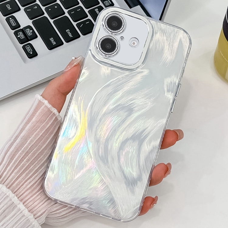 For iPhone 16 Plus Plating Glitter Texture TPU Phone Case with Lens Film(White Feather Yarn) - iPhone 16 Plus Cases by buy2fix | Online Shopping UK | buy2fix