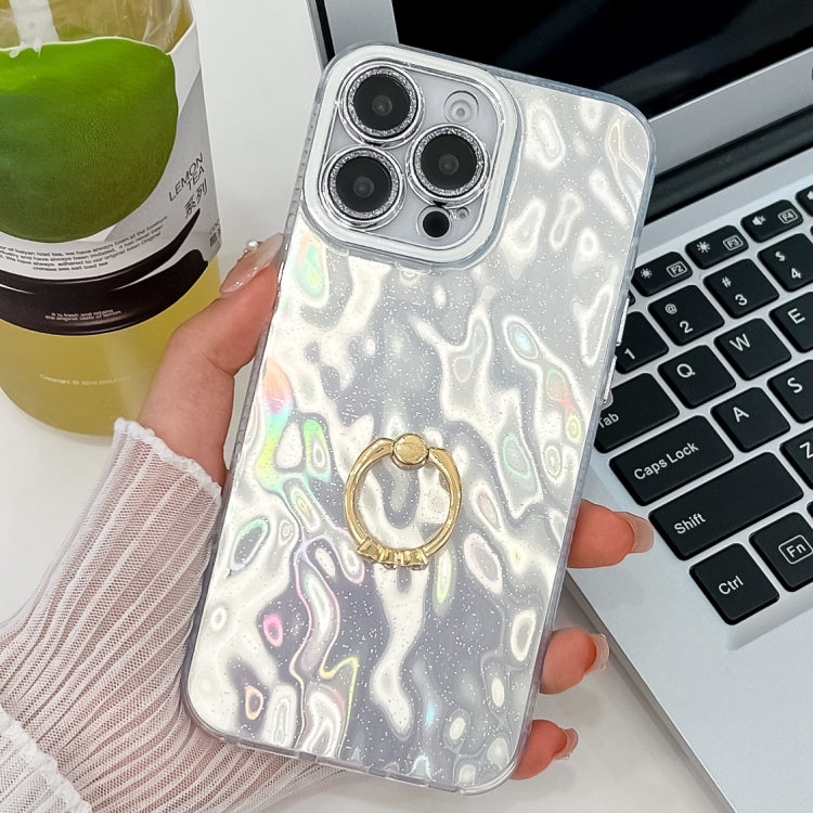 For iPhone 16 Pro Plating Glitter Texture Ring Holder TPU Phone Case with Lens Film(White Wrinkles) - More iPhone Cases by buy2fix | Online Shopping UK | buy2fix