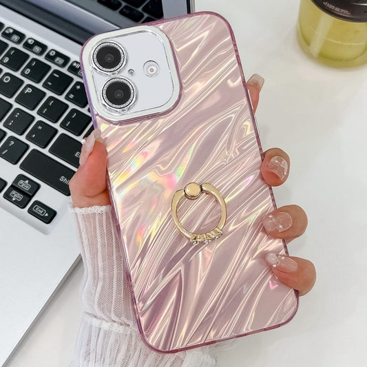 For iPhone 16 Plating Glitter Texture Ring Holder TPU Phone Case with Lens Film(Pink Water Ripples) - iPhone 16 Cases by buy2fix | Online Shopping UK | buy2fix